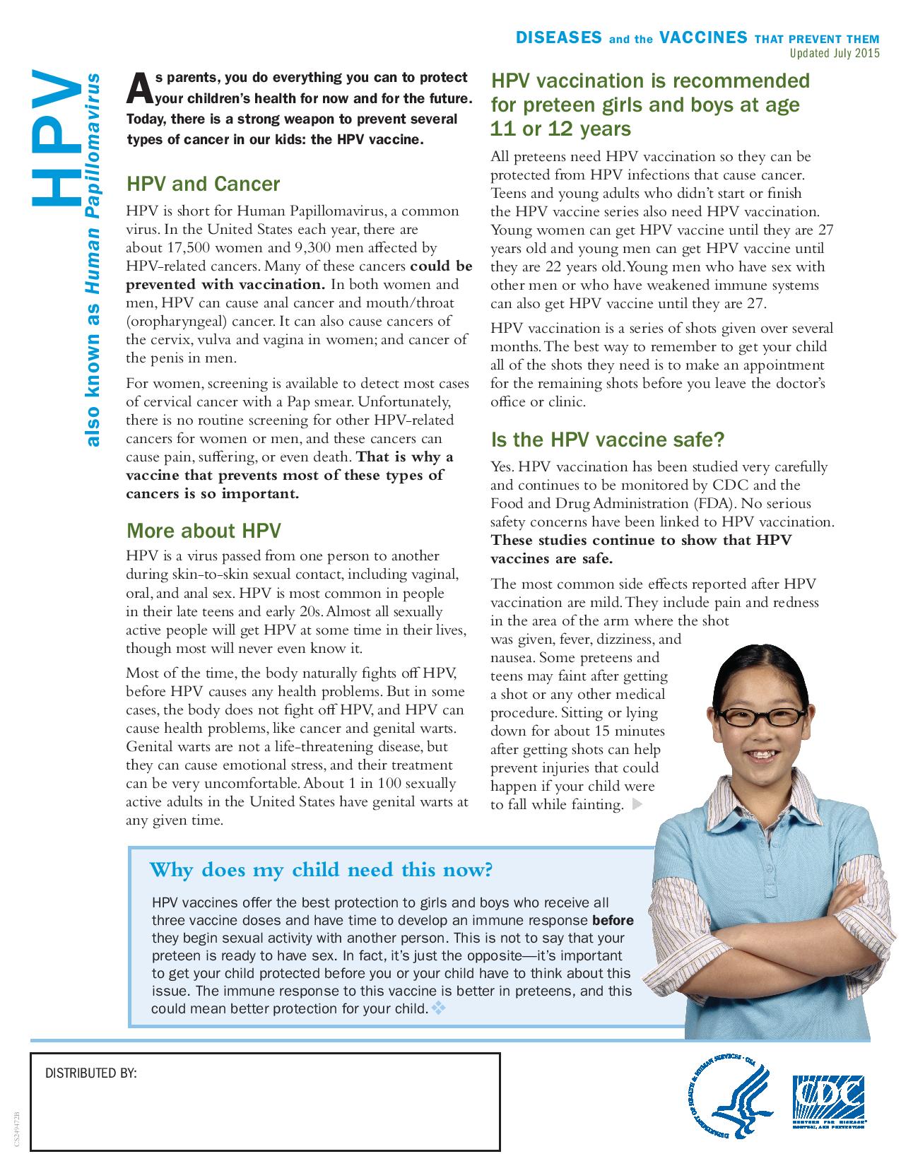 HPV vaccine fact sheet for parents